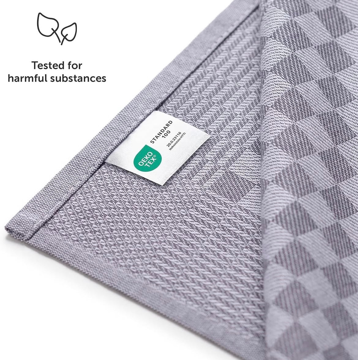 Gray textured fabric with a label on a white background, featuring the OEKO-TEX Standard 100 logo.