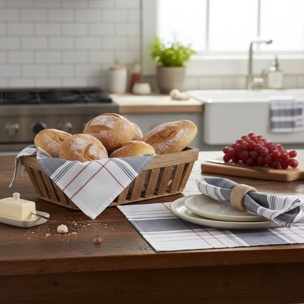 Wooden bread basket with bread rolls on a kitchen counter with grapes and butter.
